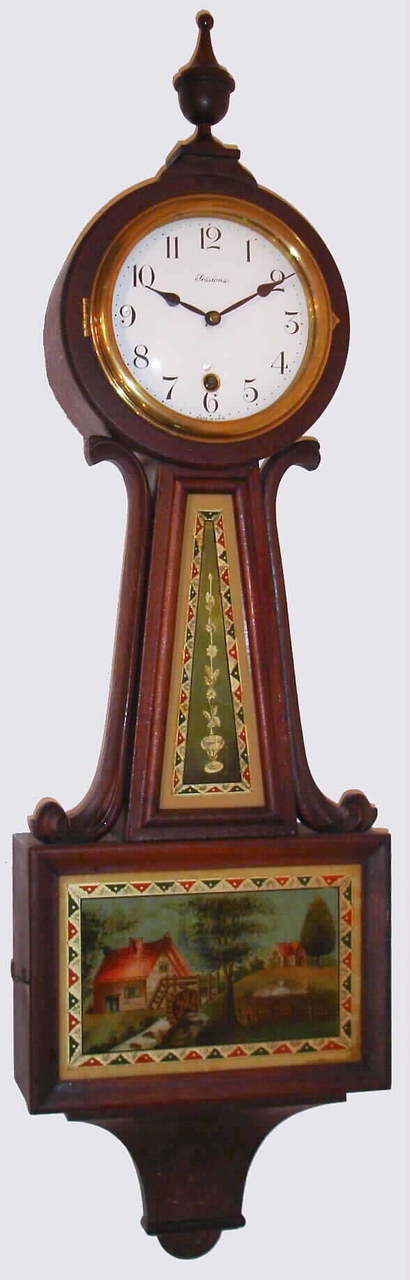 Sessions Clock Co., Forestville, Conn., "Alden" solid mahogany 8-day time-only banjo clock, C.1923. — Antique Clocks Price Guide