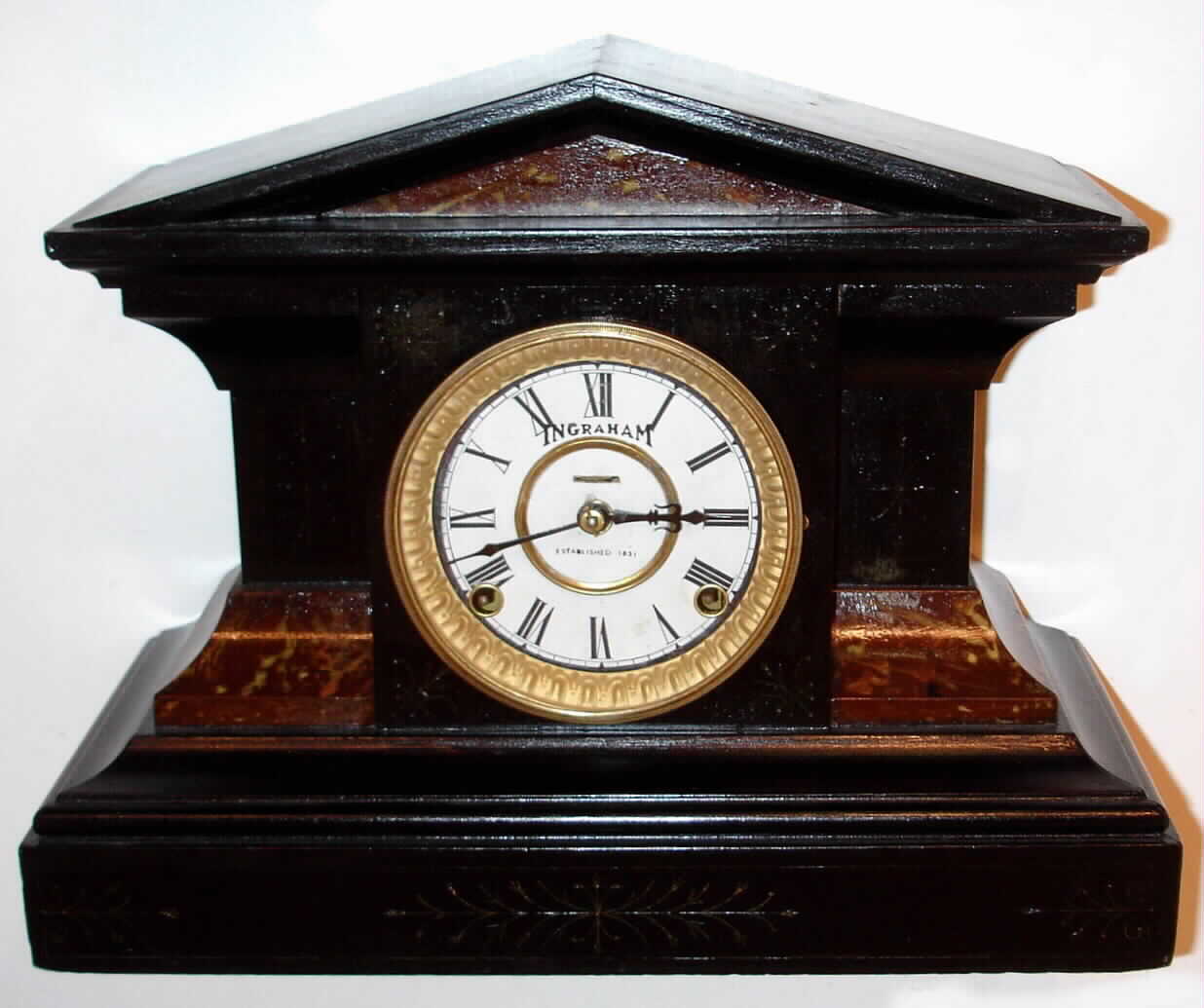 E. Ingraham, Bristol Conn. "Eclipse" Black Enameled wood 8-day time and strike mantel clock, C.1900. — Antique Clocks Price Guide
