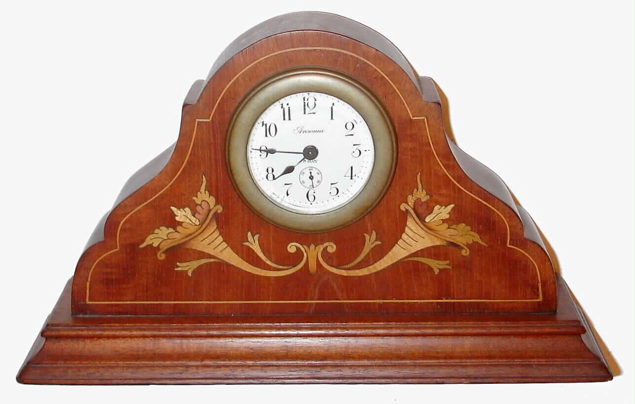 Ansonia Clock Co., New York, Inlaid Mahogany 8-day time-only novelty clock, C.1914. — Antique Clocks Price Guide
