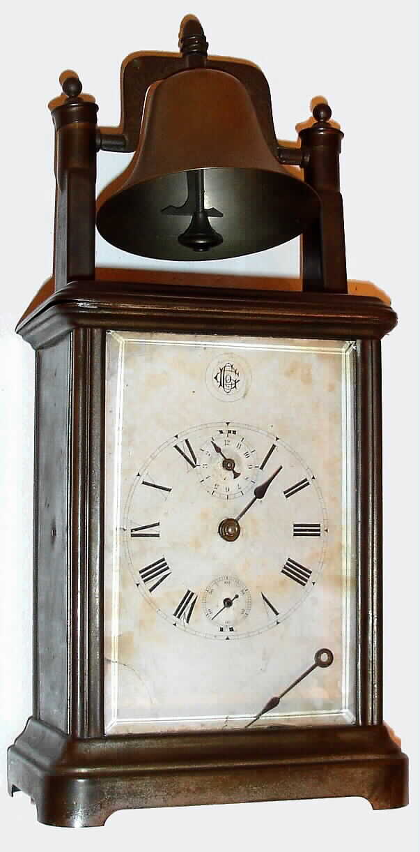 Gilbert Clock Co., Winsted, Conn, " '76 Alarm- Rolling Bell" 30-hour time and alarm nickel-plate clock, C.1898. — Antique Clocks Price Guide