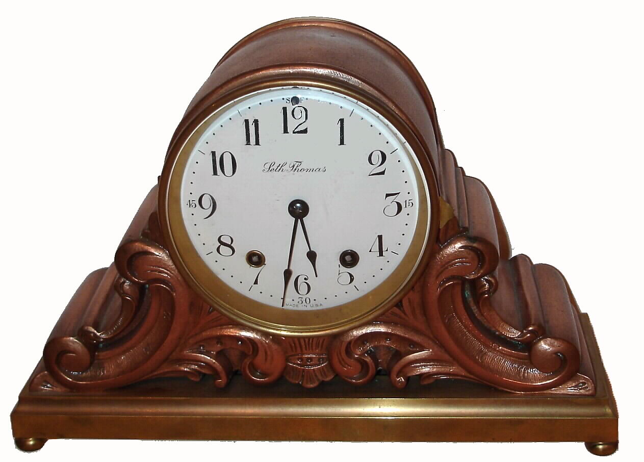 Seth Thomas Clock Co., New York, "Tampa" heavy cast metal 8-day time and strike mantel clock, C.1908. — Antique Clocks Price Guide