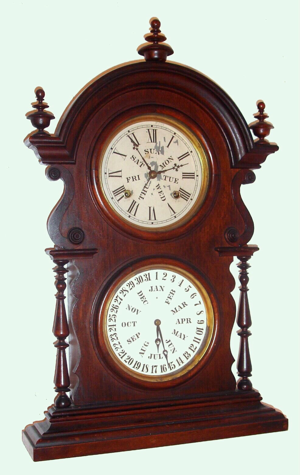 Welch, Spring and Co., Bristol Conn., shelf "Wagner" double-dial 8-day time and strike perpetual calendar mahogany mantle clock, C.1880. — Antique Clocks Price Guide
