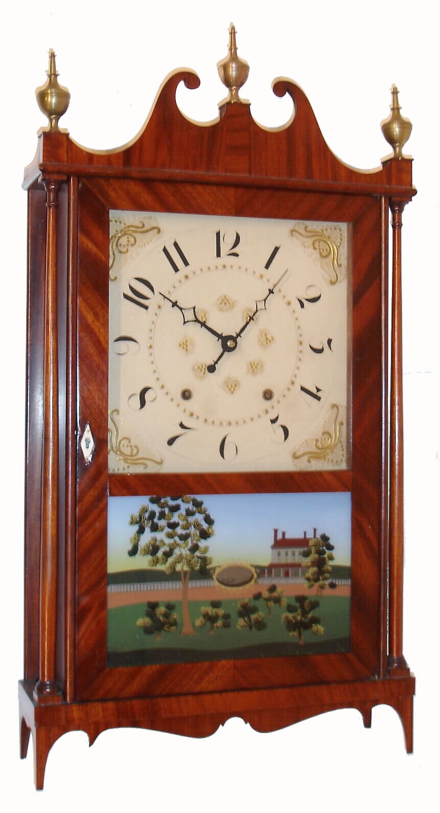 Ephraim Downes, Bristol Con., 30-hour time and bell strike pillar and scroll shelf clock, mahogany veneer, C.1830. — Antique Clocks Price Guide
