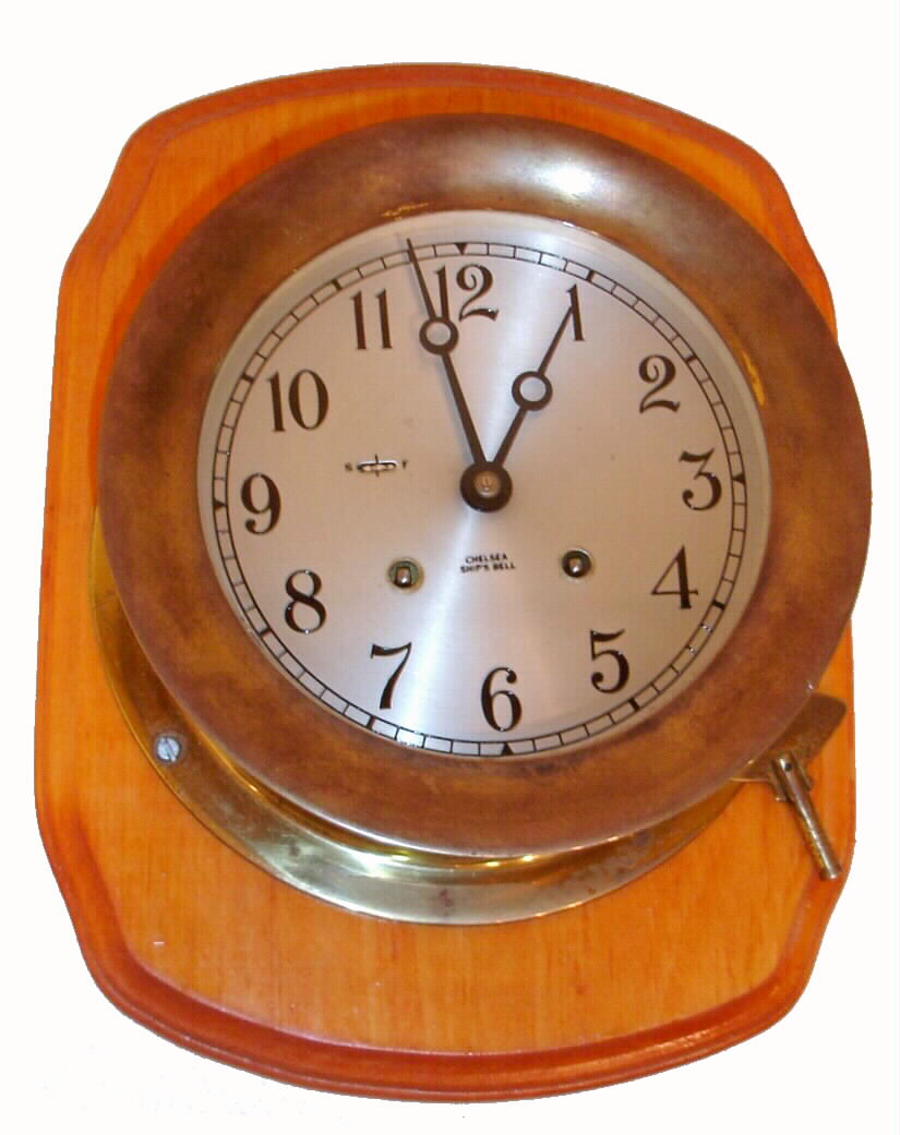 Chelsea Clock Co, Chelsea, Mass., CHELSEA model brass ship's-bell, 8-day, 6" dial marine clock, screw bezel, C.1966. — Antique Clocks Price Guide