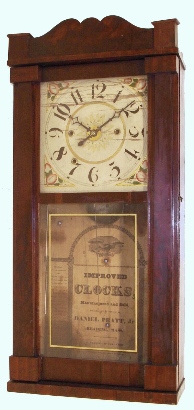 Daniel Pratt Jr., Reading Mass., 30-hour wooden-works time/strike/alarm mahogany shelf clock, C.1840. — Antique Clocks Price Guide