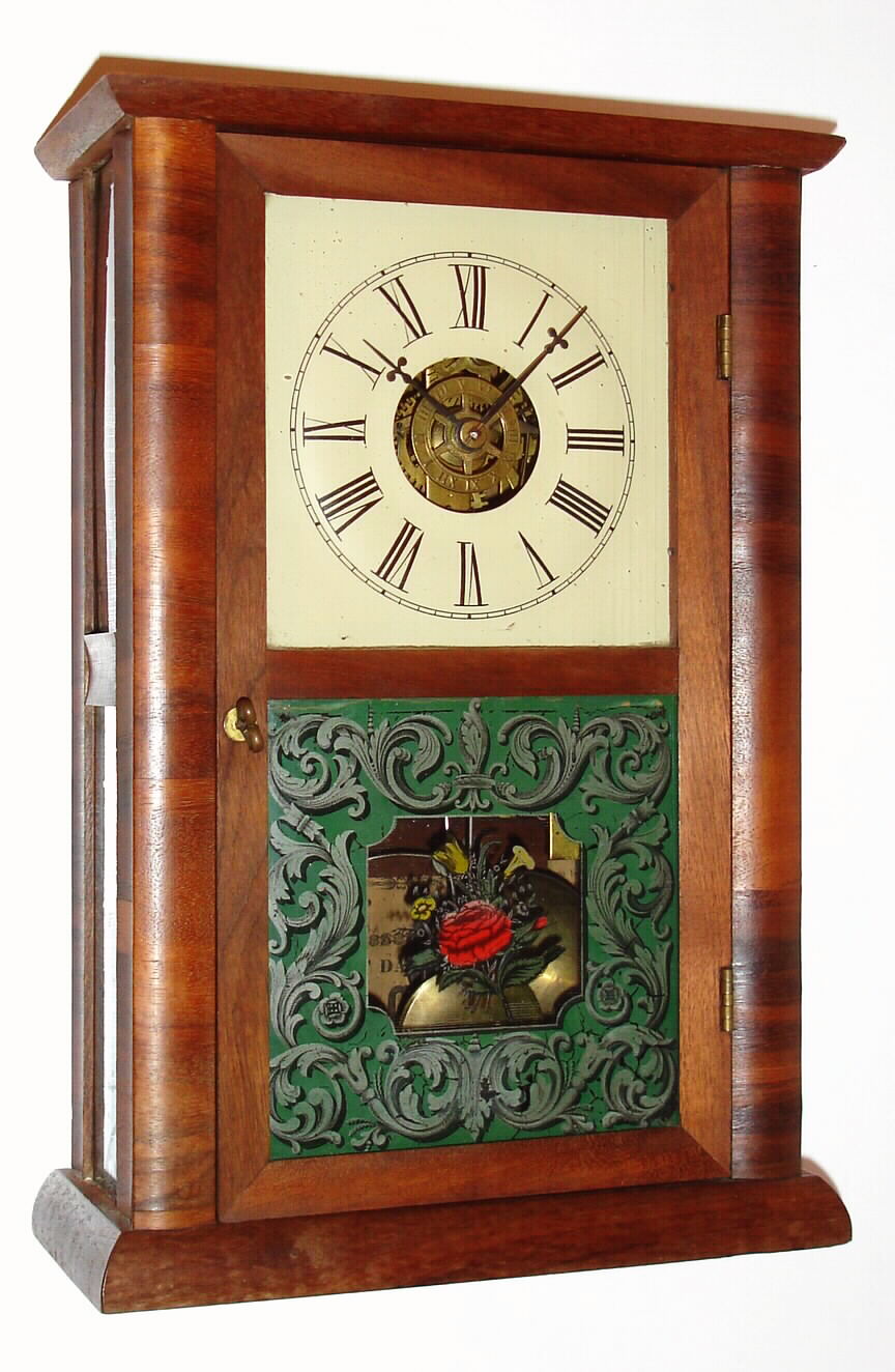 Chauncey Goodrich, Forestville, Bristol, Conn., 8-day time, strike and alarm Empire glass-side mahogany mantel clock, C.1854. — Antique Clocks Price Guide