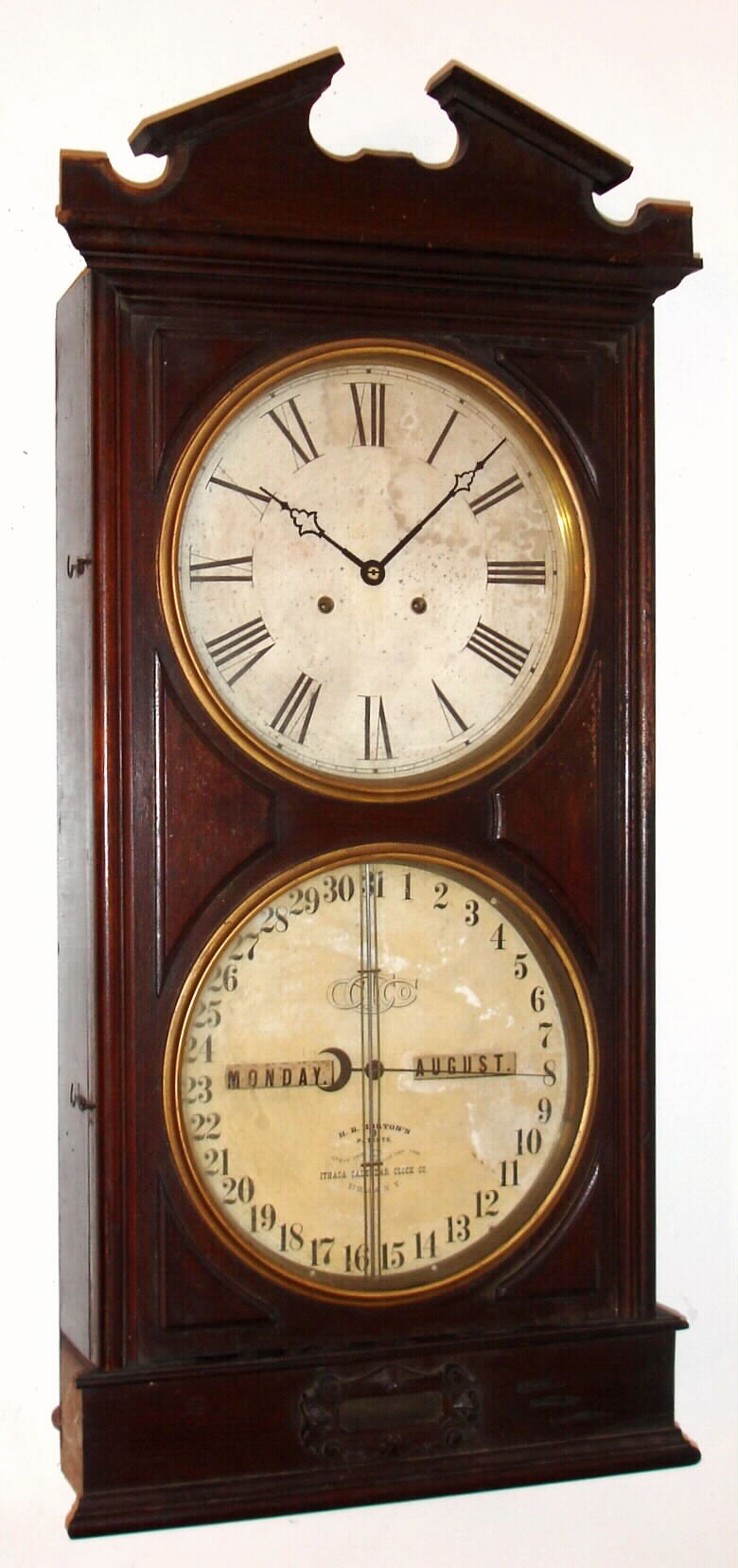 Ithaca Calendar Clock Co., New York, "Hanging Bank Clock" walnut, 8-day weight-driven time-only calendar clock, C.1874, as found. — Antique Clocks Price Guide