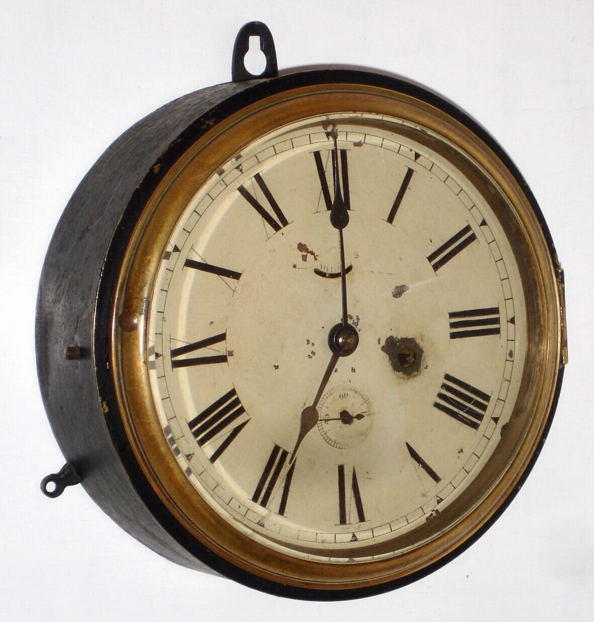 English marine lever 8 day wall clock in cast iron case with cast brass bezel, c1900 — Antique Clocks Price Guide