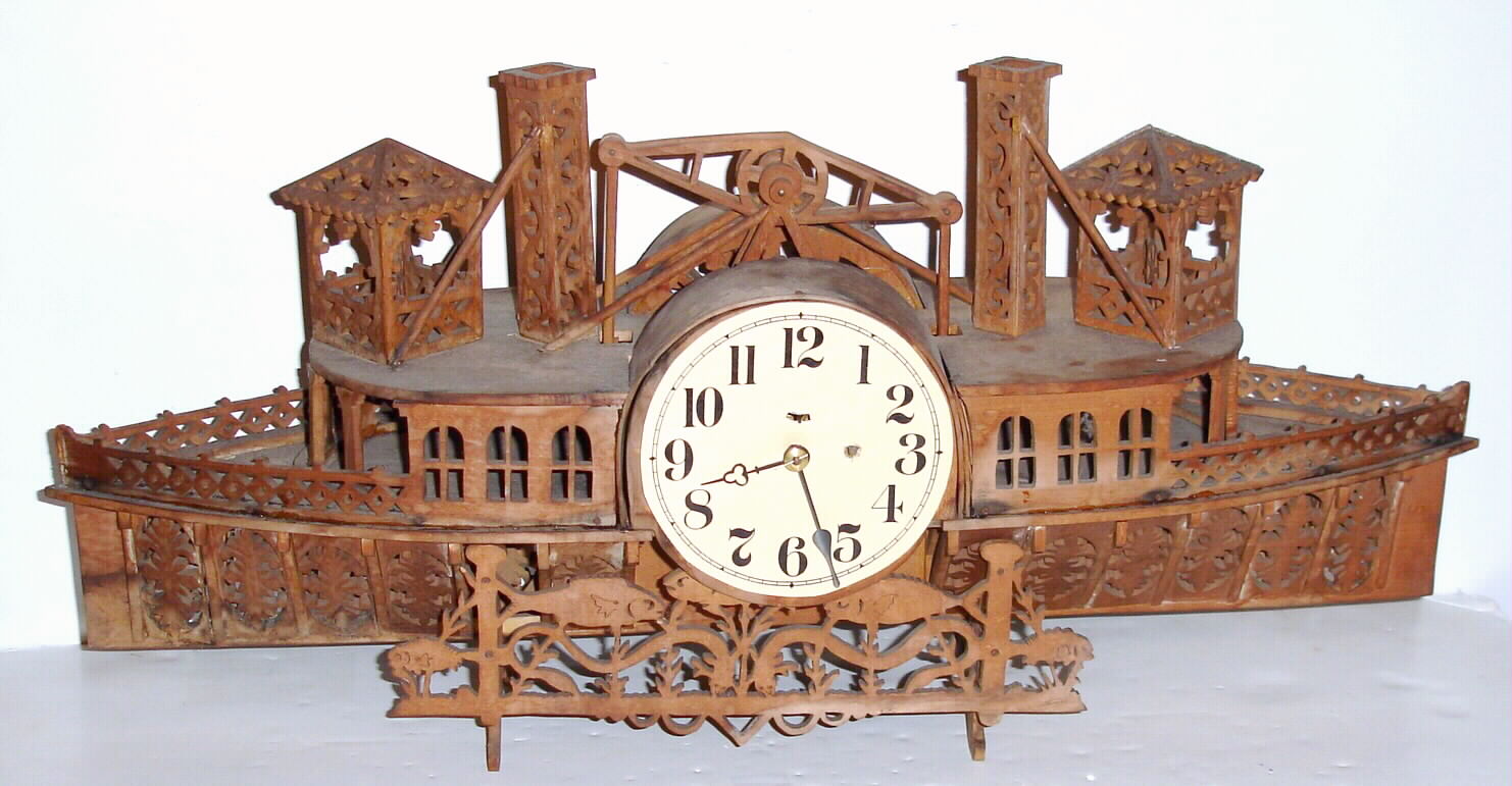 Tramp Art, Fretwork clock, a "SIDE WHEELER" river boat, with one day Seth Thomas spring driven movement, c1900 — Antique Clocks Price Guide