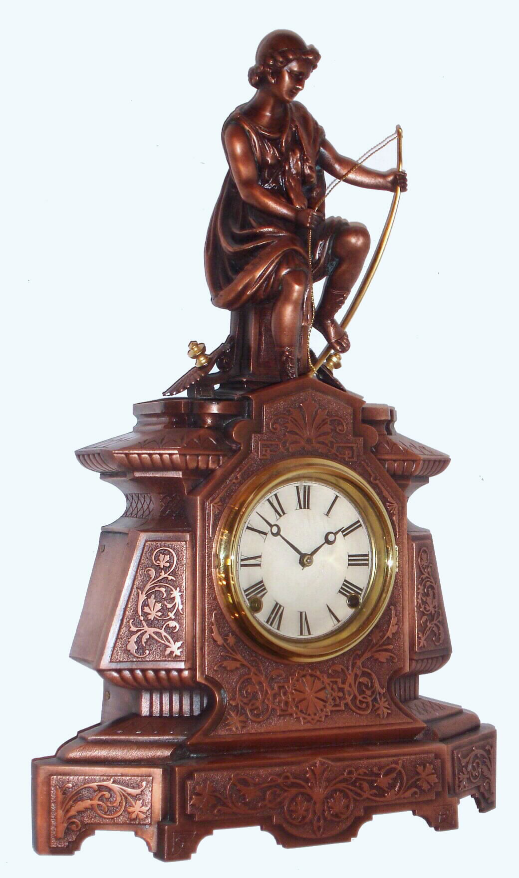F. Kroeber Clock Co., New York, "Ulysses" figural mantel clock 8 day time and strike spring driven movement in bronze case, c1880 — Antique Clocks Price Guide