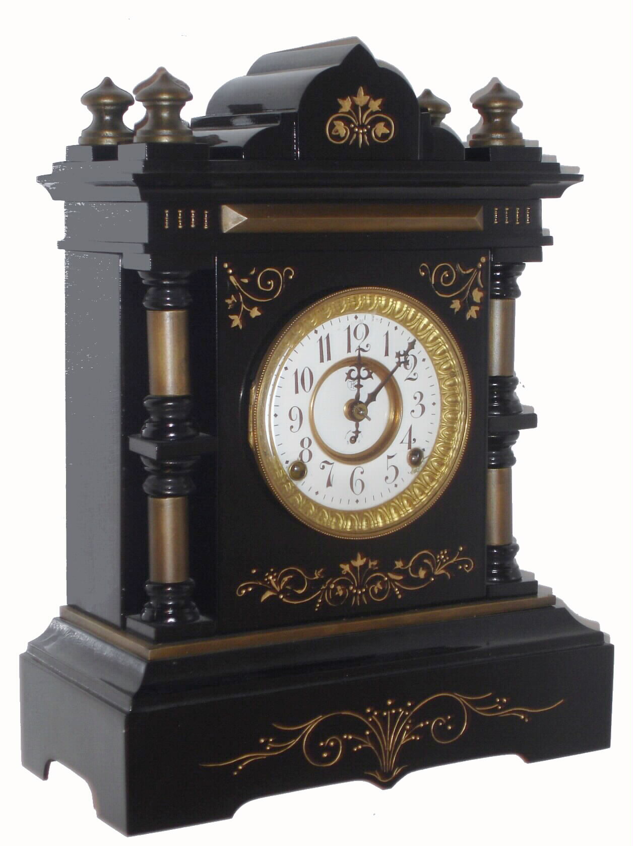 F. Kroeber Clock Co., New York, "Parma" enamel cast iron mantel clock with 8 day time and strike spring driven movement with beveled glass crystal, c1890 — Antique Clocks Price Guide