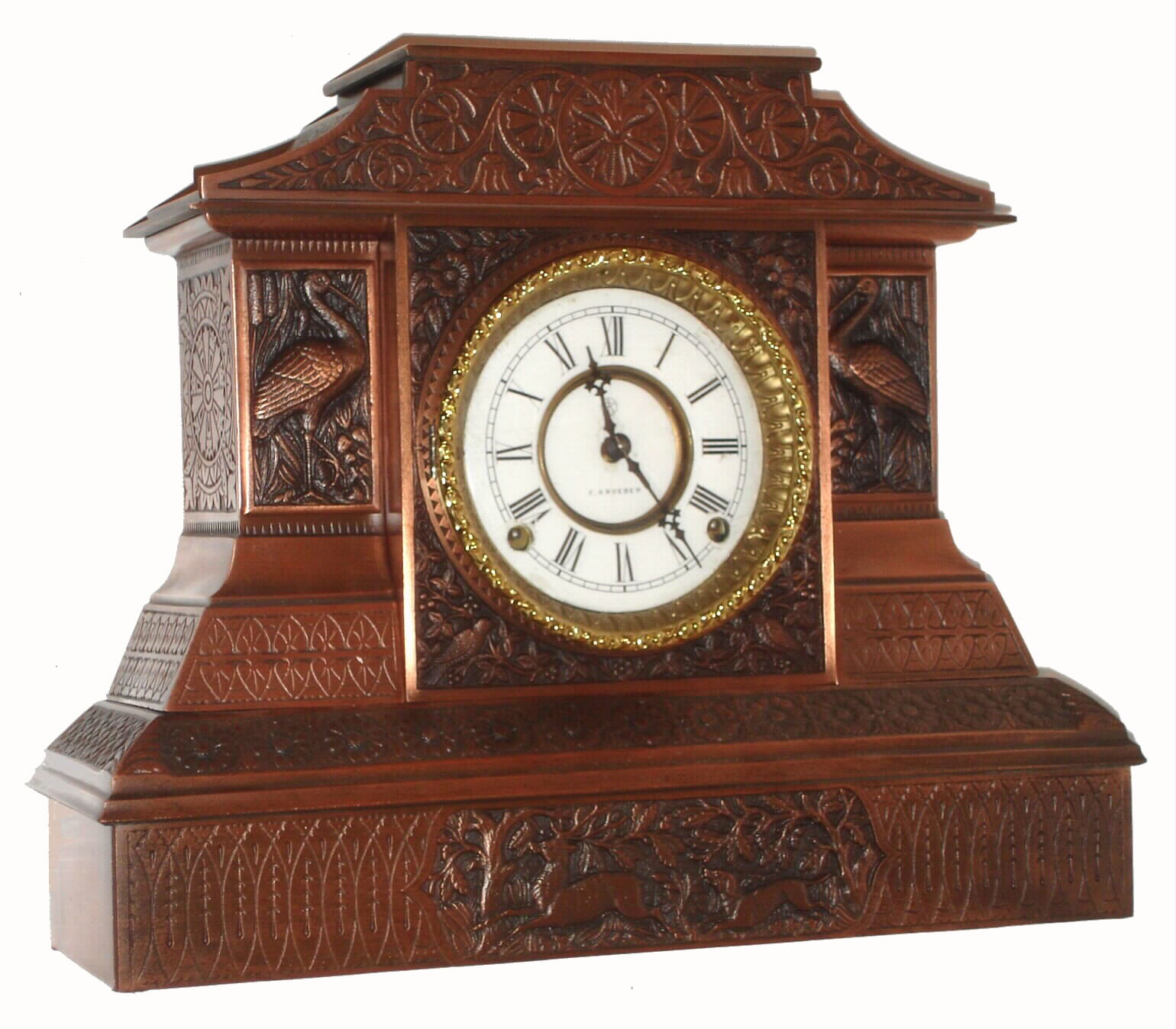 F. Kroeber Clock Co., New York "Arabia No. 1" 8 day time and strike spring driven movement in bronze finished case, c1885. — Antique Clocks Price Guide