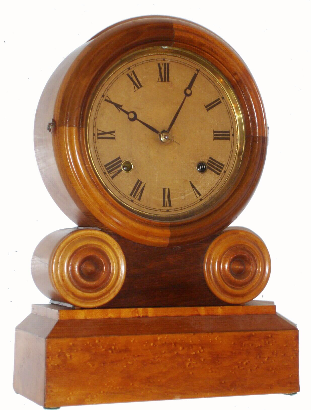 E. Ingraham and Co., Bristol Conn. "Grecian" mantel clock 8 day time and strike spring driven movement in a burled wood case, c1880 — Antique Clocks Price Guide