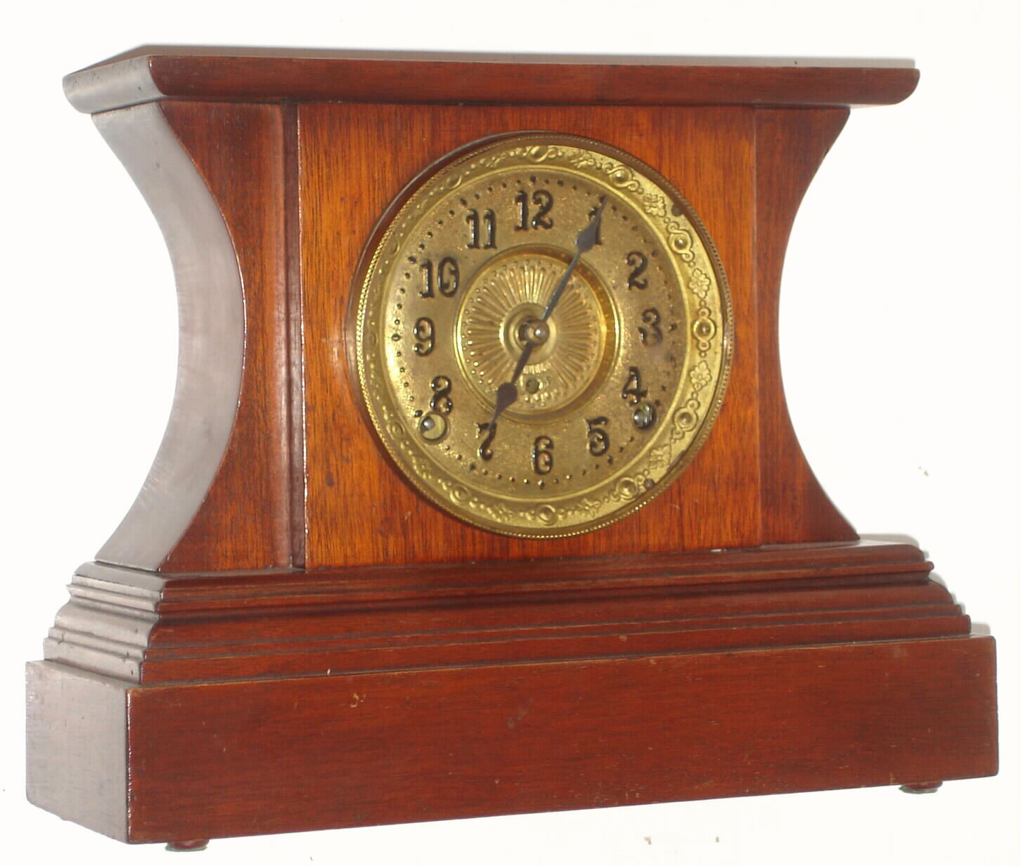 F. Kroeber Clock Co., New York, unlisted "K94" mantel clock 8 day spring driven time and strike "Asia No. 1" movement (fancy embossed rear plate) in walnut case, c1900 — Antique Clocks Price Guide