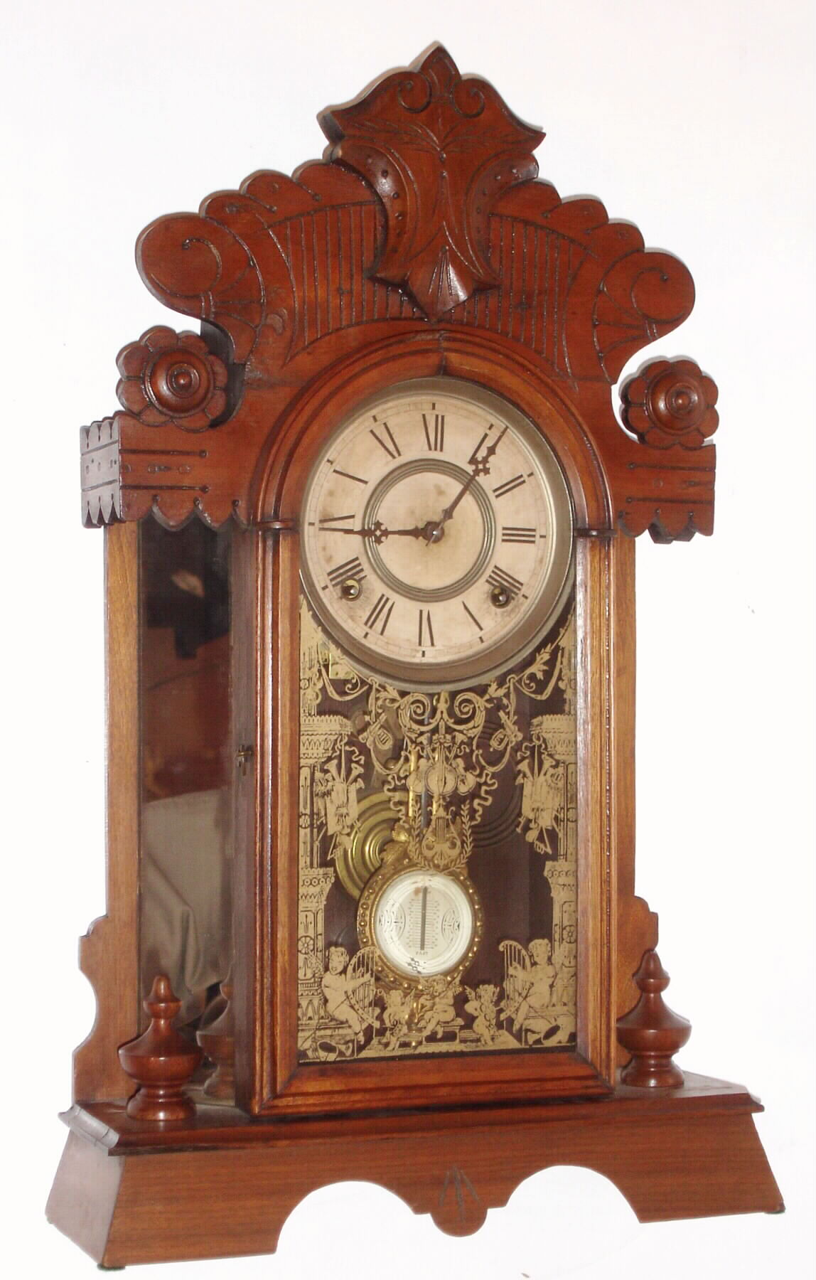 F. Kroeber Clock Co., New York "Headlight" mantel clock 8 day time and strike spring driven movement in walnut case with mirror sides, c1890 — Antique Clocks Price Guide