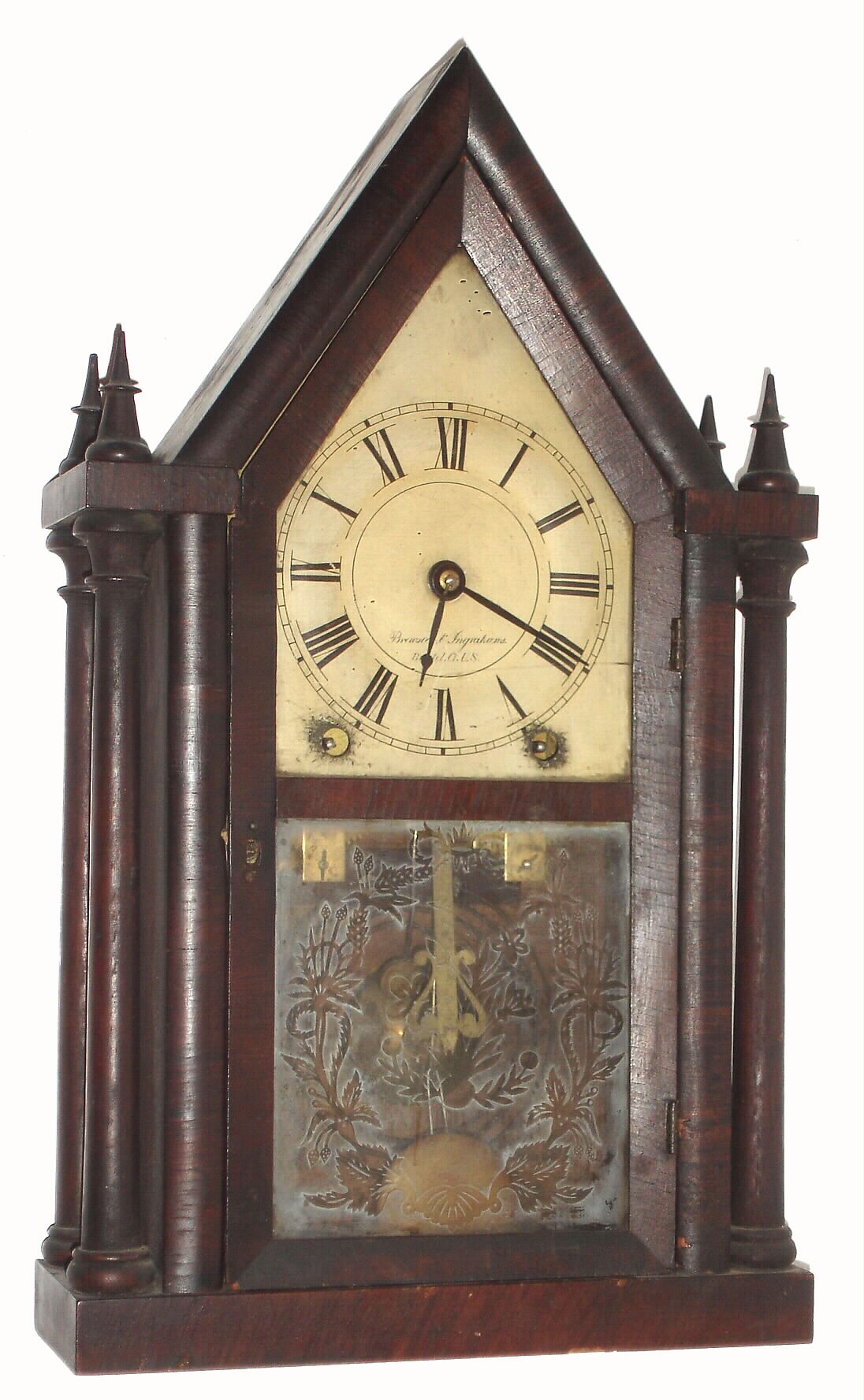 Brewster and Ingrahams Co., Bristol, Conn. Four "Posted Steeple" shelf clock with 8 day spring driven movement in mahogany veneer case, c1840 — Antique Clocks Price Guide