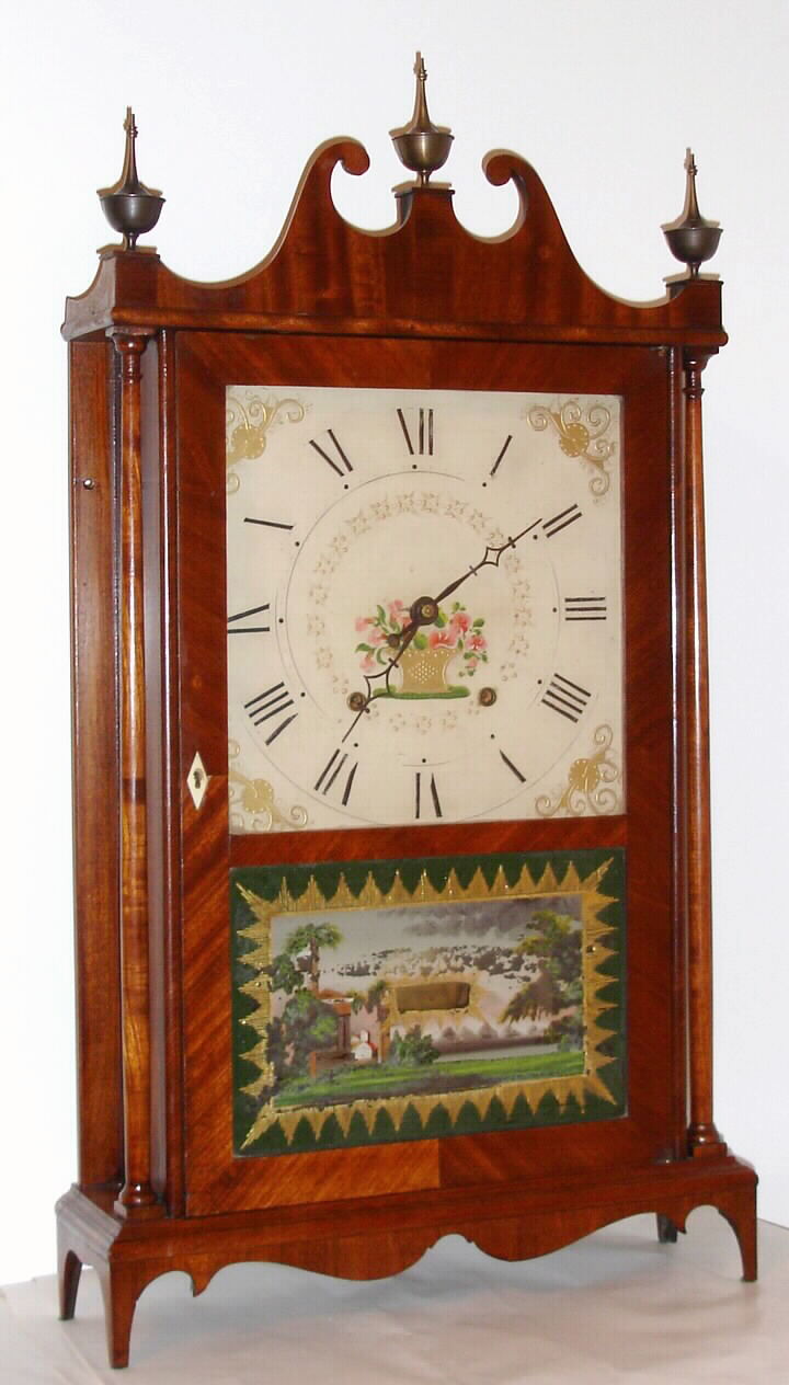 Seth Thomas, Plymouth, Conn., pillar and scroll mantel clock 30 hour time and strike wooden works movement in mahogany veneer case with reverse painted tablet, c1820 — Antique Clocks Price Guide