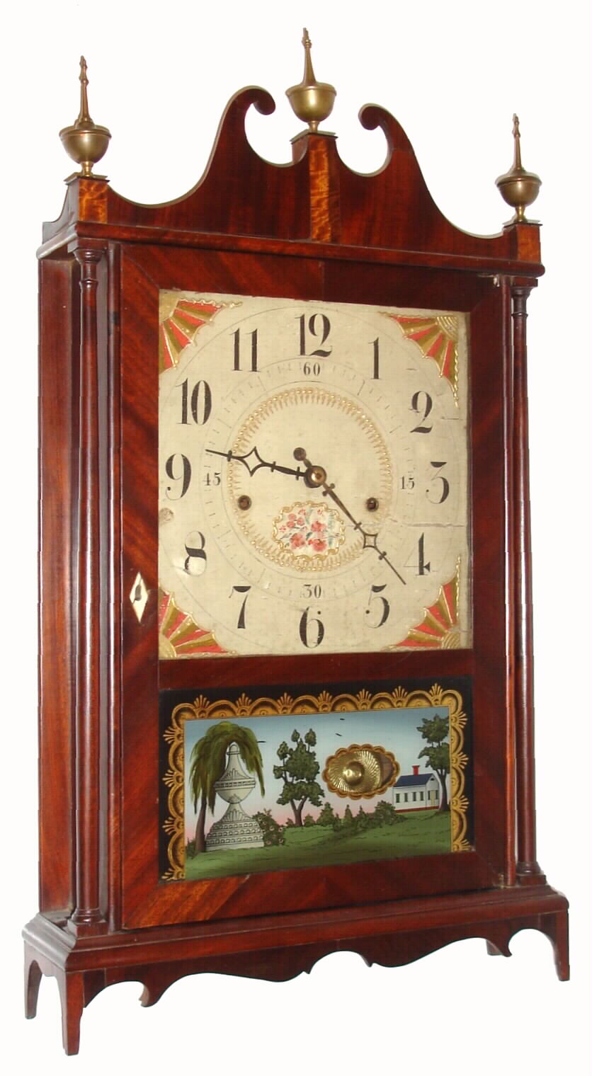 Seth Thomas, Plymouth, Conn., off-center pillar and scroll mantel clock with 30 hour time and strike wooden works movement in mahogany veneer case, c1820 — Antique Clocks Price Guide