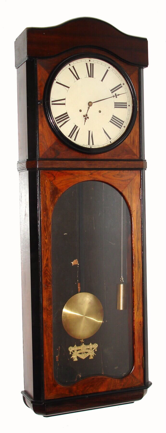 Welch Spring and Co., Bristol Conn. wall regulator 8 day double wind two weight driven time only Regulator No. 5 movement in a rosewood case probably adapted from a Regulator No. 1, c1875 — Antique Clocks Price Guide