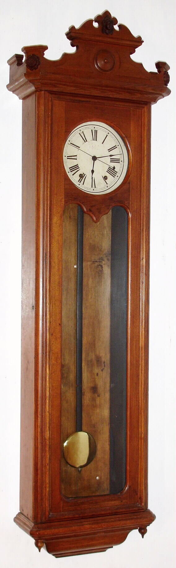 Ithaca Calendar Clock Co., Ithaca, New York, wall clock time only, center seconds, two weight Welch movement in ash case, c1890 — Antique Clocks Price Guide