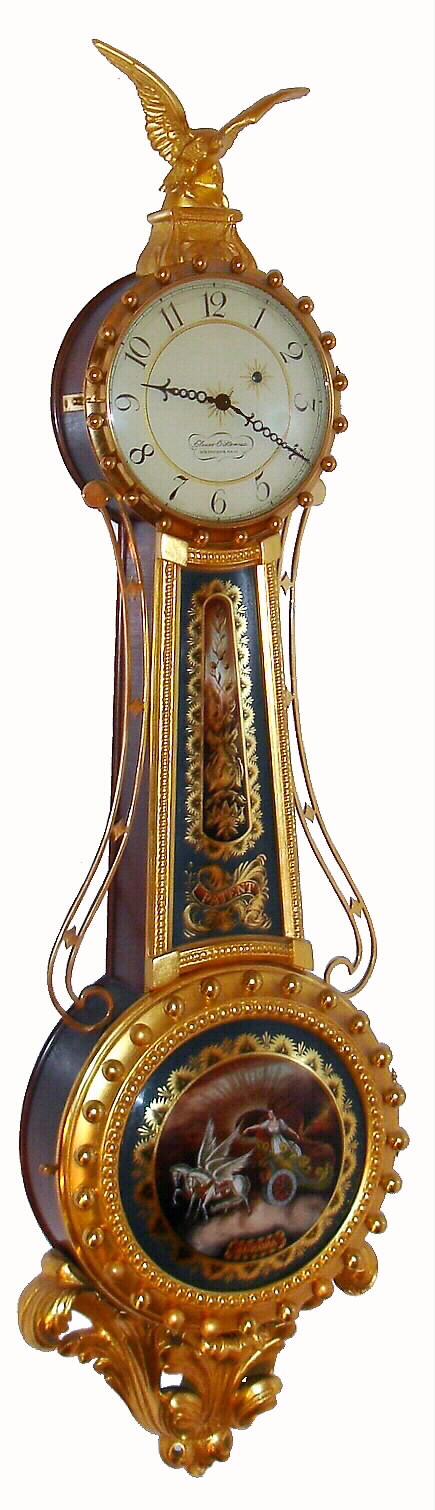 Elmer O. Stennes, Weymouth, Mass. "Girandole" wall clock 8 day time only weight driven movement marked "E. HOWARD and CO. BOSTON" in mahogany case with gold leaf front and base with convex throat and lower circular tablet reverse painted with Aurora scene, c1960 serial No. 15 — Antique Clocks Price Guide