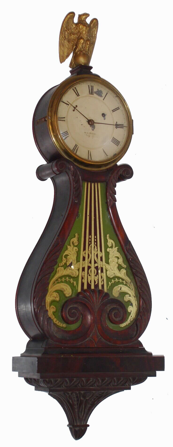 Walter H. Durfee, Providence R.I., "Lyre" wall clock in the classic style of John Sawin with 8-day time only weight driven Waltham movement stamped "5828" and "W.D." (on the top edge) with quality dead beat movement, maintaining power and Geneva stop works in carved mahogany case with reverse painted panel and painted metal dial signed "W. C. HENRY MAY 1911", c1911 — Antique Clocks Price Guide