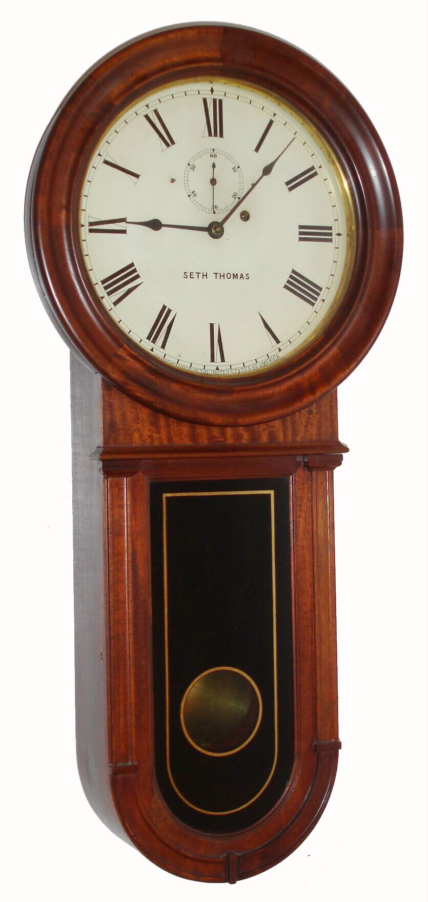 Seth Thomas, Thomaston, Conn. "Regulator No. 1 Keyhole" wall clock with 8 day time only weight driven movement in mahogany case, c1915 — Antique Clocks Price Guide