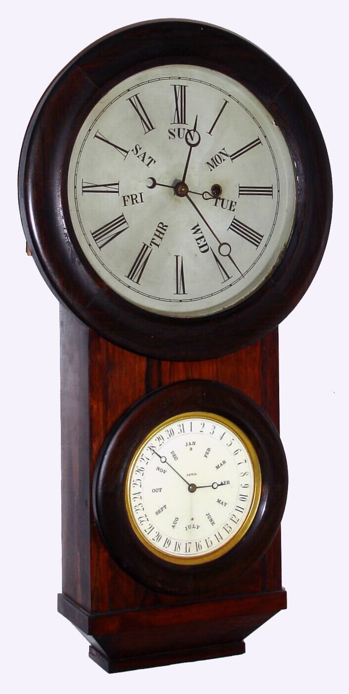 L. F. and W. W. Carter, Bristol, Conn. miniature B. B. Lewis perpetual double dial calendar 8 day time only spring driven movement in rosewood case, c1865 — Antique Clocks Price Guide