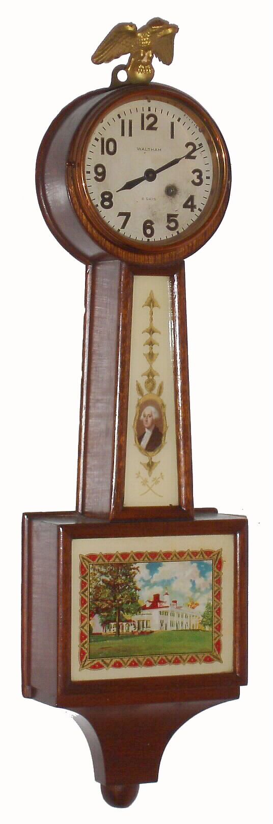 Waltham Clock Co., Waltham, Mass., miniature banjo wall clock 8 day time only key wind spring driven movement in mahogany round front case with reverse painted throat and lower tablets, c1930 — Antique Clocks Price Guide