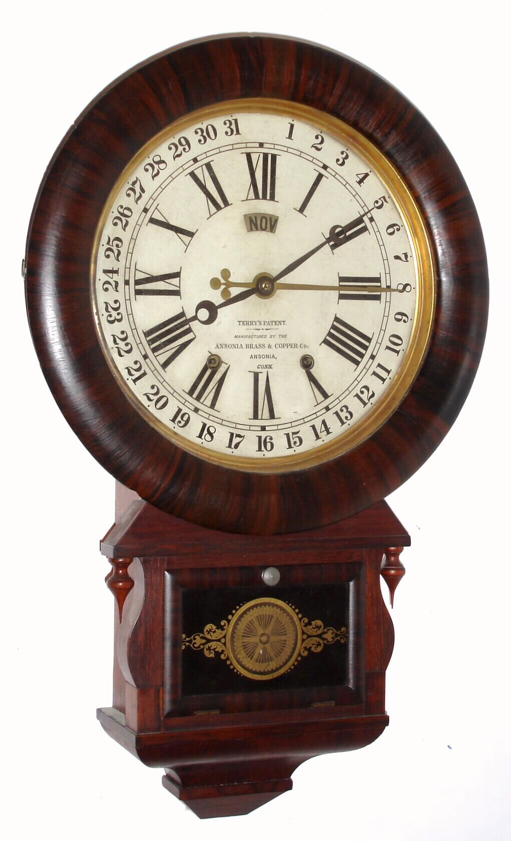 Ansonia Brass and Copper Co., Ansonia, Conn., "Terry's Patent Drop Extra Calendar" wall clock with 8 day time, strike and calendar spring driven movement in rosewood veneer case, c1885 — Antique Clocks Price Guide