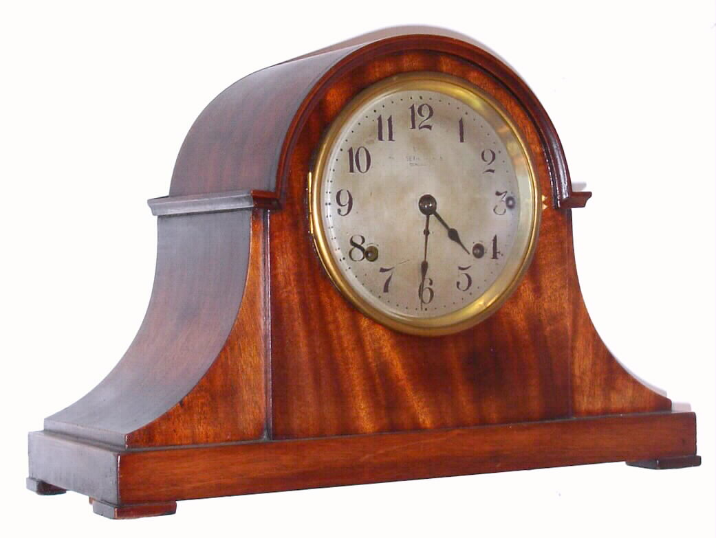 Seth Thomas Clock Co., Thomaston, Conn., "Sonora Chime Clock No. 257" mantel clock with 8 day time, strike and quarter chime on eight bells spring driven movements [two] in a mahogany case with silvered dial, c1915 — Antique Clocks Price Guide