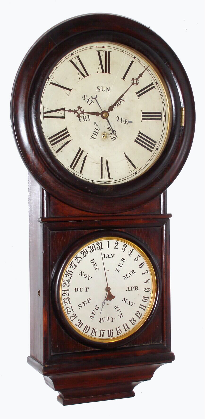 Welch Spring and Co., Forestville, Conn. "Round Head No. 4" double dial calendar wall clock 8 day time only spring driven movement with B. B. Lewis perpetual calendar mechanism in rosewood veneer and grain painted case, c1880 — Antique Clocks Price Guide