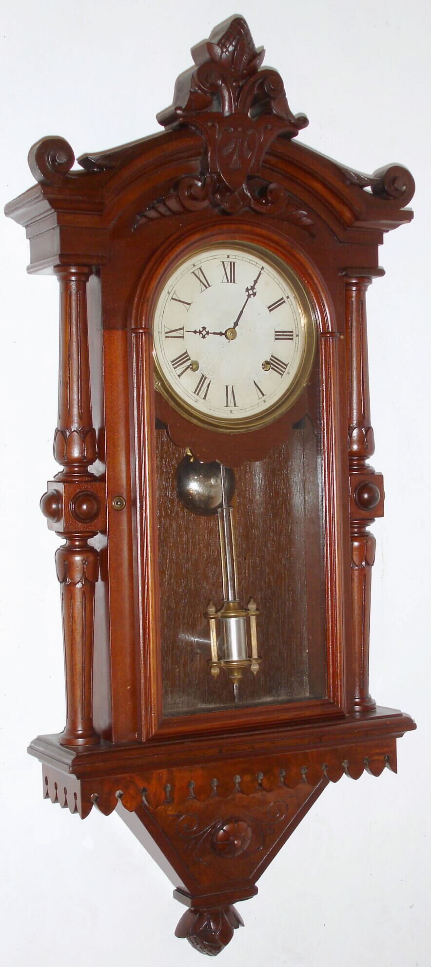 F. Kroeber Clock Co., New York "Regulator No. 30" wall clock with 8 day time and strike spring driven movement stamped "F. KROEBER NEW YORK" in walnut case, c1875 — Antique Clocks Price Guide