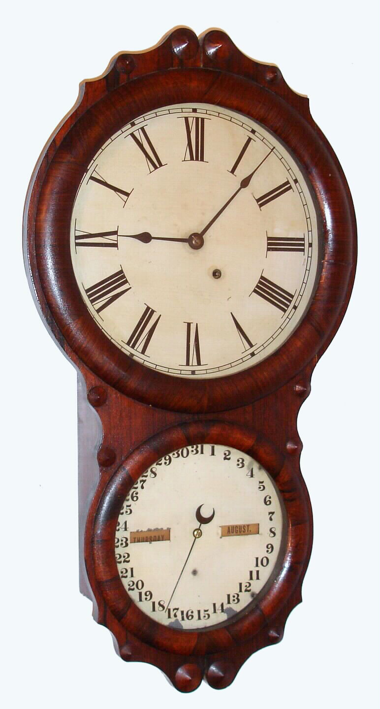 Seth Thomas, Thomaston, Conn. "Office Calendar No. 7" double dial calendar wall clock 8 day time only spring driven movement in rosewood veneer case, c1895 — Antique Clocks Price Guide