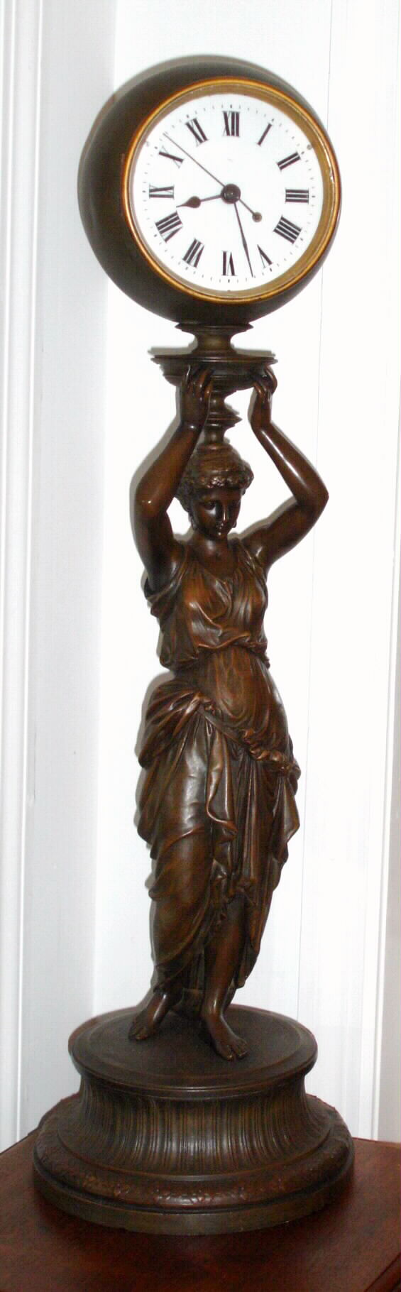 French statue supporting a globe on her head with an English 8 day time only spring driven "Astral" Coventry signed movement with platform escapement and sweep second hand, c1900 — Antique Clocks Price Guide
