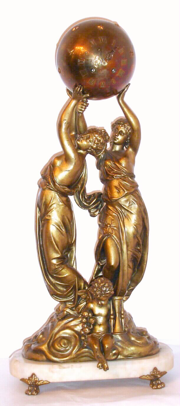 French figural mantel clock with spelter statues of two maidens supporting globe with 8 day time and strike on bell, spring driven movement with platform lever escapement with one putti between them holding an hour glass, c1900 — Antique Clocks Price Guide