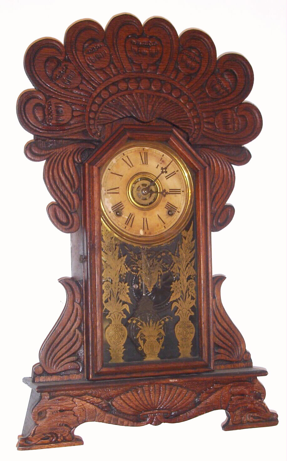 William L. Gilbert Clock Co., C. 1910, "Egyptian No. 59", 8-day time/strike oak mantel clock. — Antique Clocks Price Guide