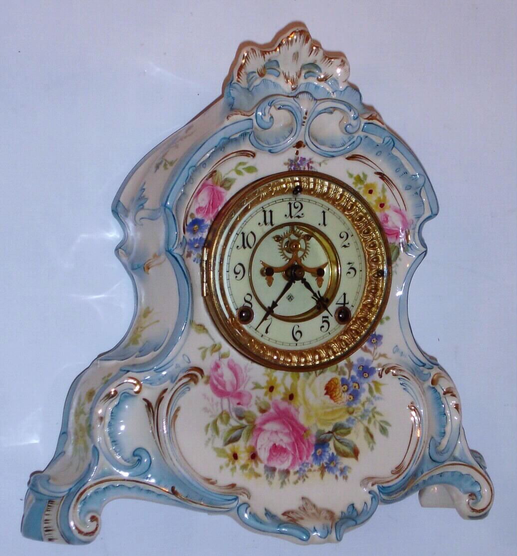 Ansonia Clock Co., "La Normandie", 8-day time/strike porcelain mantel clock, C. 1904 — Antique Clocks Price Guide