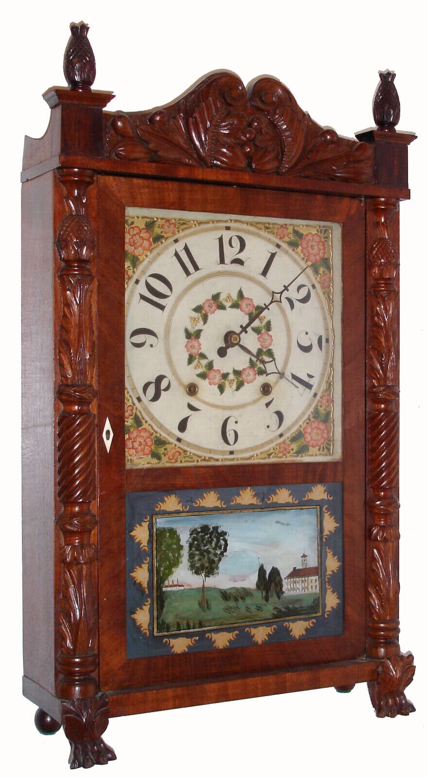 Riley Whiting, Winchester, Conn., 1830, 30-hour time/strike wood movement carved columns and splat shelf clock, short case — Antique Clocks Price Guide