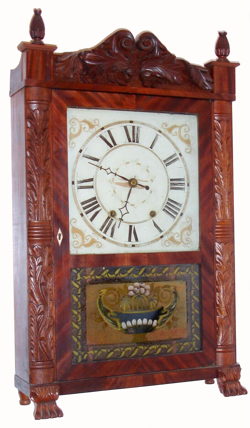 Mark Leavenworth and Co., Waterbury, Conn., C. 1832, 30-hour time/strike wood movement carved half column and splat shelf clock. — Antique Clocks Price Guide
