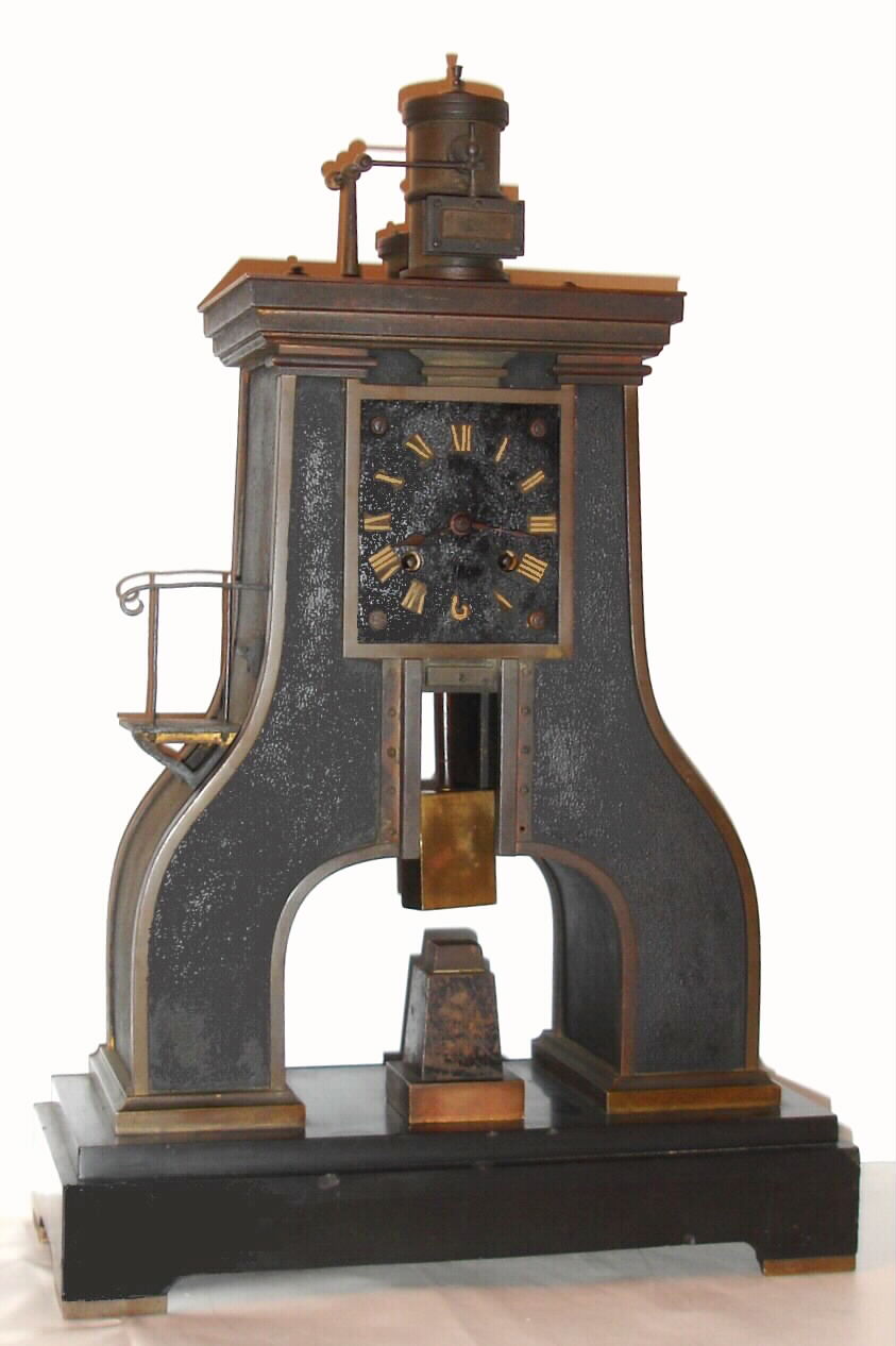 French, Guilmet, (mov't by Japy Freres), STEAM HAMMER clock from the French Industrial series designed by Guilmet, 8-day time/strike, the vertical impact "hammer "serving as the pendulum after power has been transferred 9 times, "as found" c1880 — Antique Clocks Price Guide