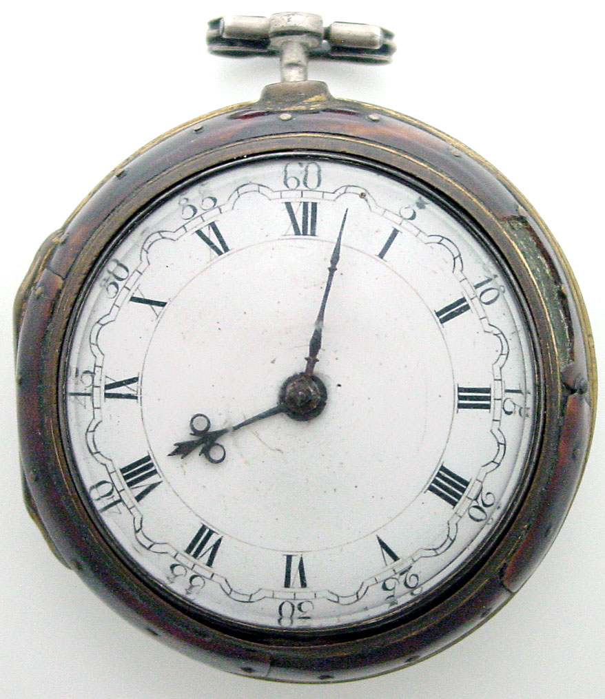 J. Samson, London Continental verge fusee key wind key set swing out gilt mpvement with pierced and foliate scrolled balance cock, two footed balance cock, silver disc regulator, steel three-arm balance and tapered trapezoidal plate pillars. The movement is set in an open face pair case with faux tortoise shell piquE over gilt outer case and 1799 London hallmarked sterling silver inner case with an arcaded Roman numeral porcelain dial with beetle and poker hands, serial No. 7046 47mm c1799 including G. Bishop watch paper — Antique Clocks Price Guide