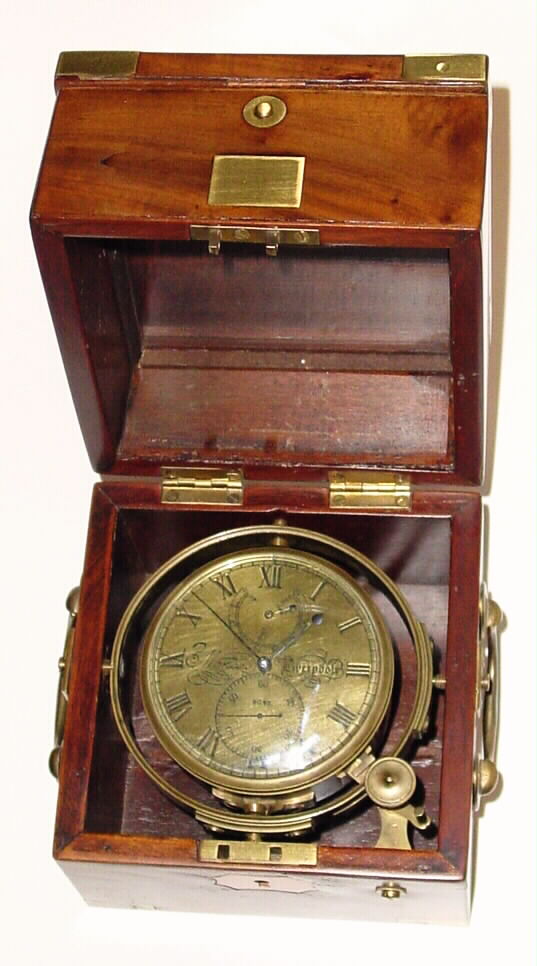 Moncas, Liverpool, English two day marine chronometer in a 3-tier case with brass corners on top and bottom only, c1860 — Antique Clocks Price Guide