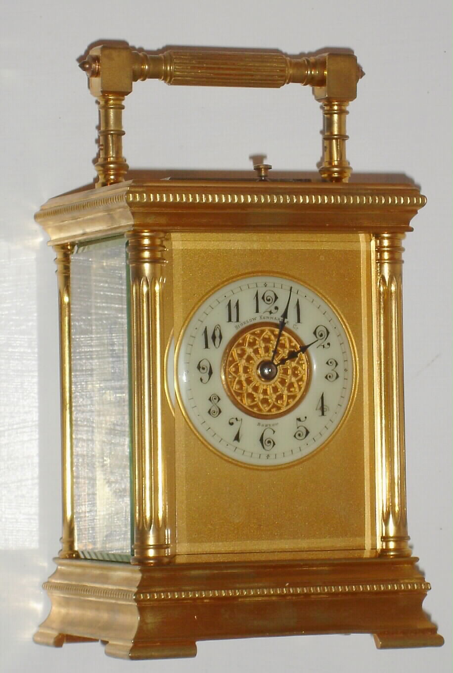 French, gilt brass carriage clock, a gilt column case with fluted corner columns, time, gong strike with repeat retailed by Bigelow, Kennard and Co., Boston, C. 1900 — Antique Clocks Price Guide