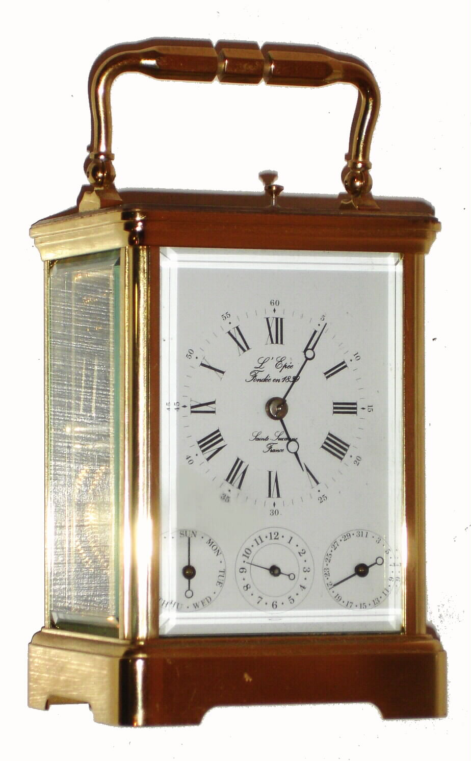 French, L. Epee, Polished brass case carriage clock, time and strike on a gong, alarm, day of the week and date with repeat, in Corniche case, C.1980 (modern) — Antique Clocks Price Guide