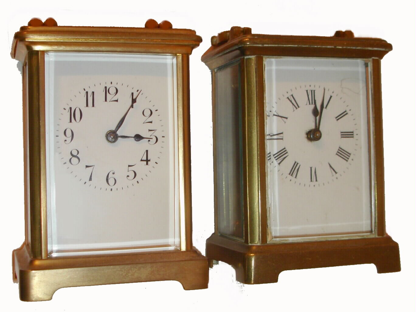 French, two brass cased carriage timepieces. One looks to be an Obis case and the other a Corniche case, C. 1900 — Antique Clocks Price Guide