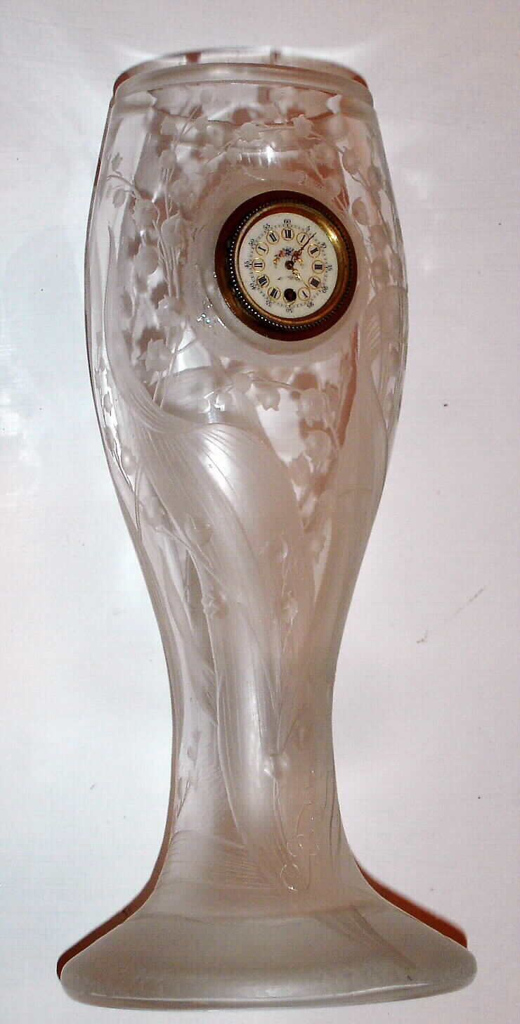 French, Lalique Art Nouveau glass vase engraved on the bottom "Le Rosey", Paris, fitted with a small front key wind watch movement. — Antique Clocks Price Guide
