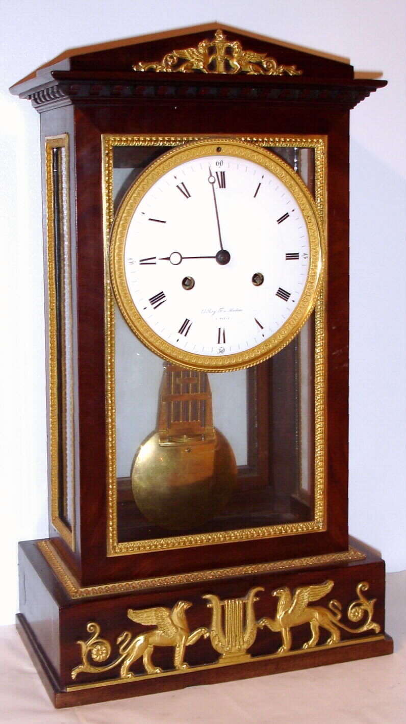 French, "LeRoy, Horologer de Madame, Paris", 8-day time/strike silk thread suspension clock, in an architectural mahogany case with bright ormolu mounts, C. 1810 — Antique Clocks Price Guide