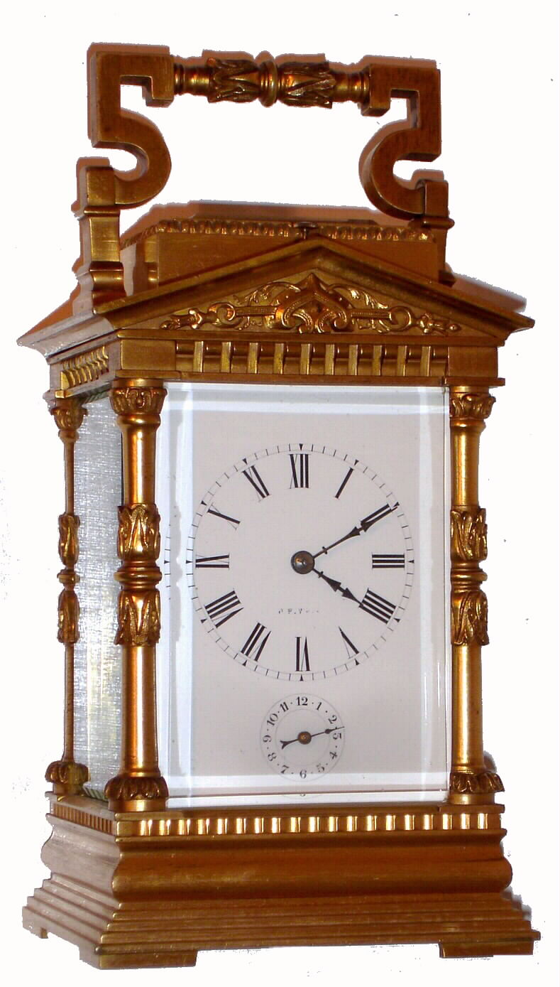 French, brass cased carriage clock, time, strike and alarm with repeat, in a gilt architectural case with pediment top and columns to the sides, C.1900 — Antique Clocks Price Guide