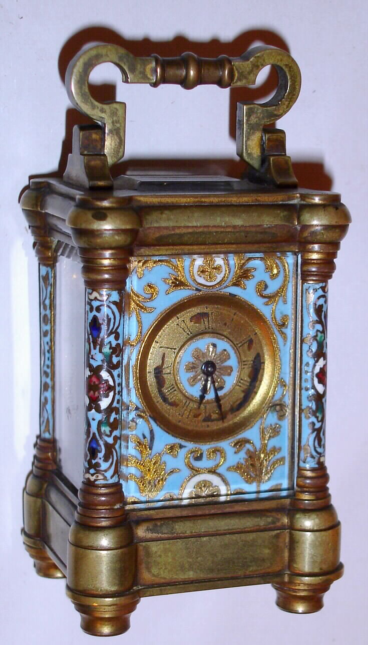 French, Brass and Champleve enamel case miniature carriage timepiece, C. 1900 — Antique Clocks Price Guide